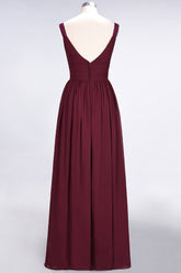 Chic V-Neck Straps Ruffle Burgundy Bridesmaid Dresses with Bow Sash-27dress